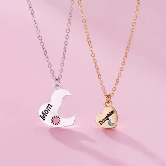 Mom Daughter Sun Moon Heart Necklace Set Matching Love Pendant Jewelry Gift - Picture 2 of 6